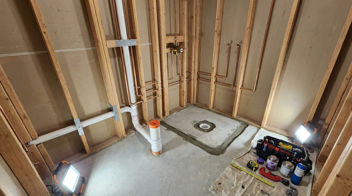 Bathroom rough-in plumbing during remodel by Johns Plumbing LLC in Lavon