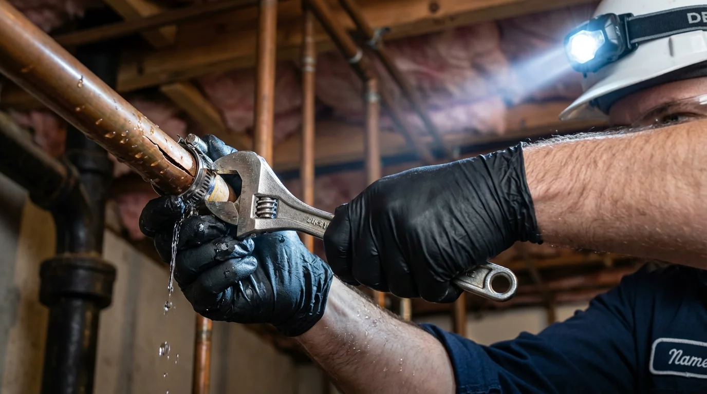 Emergency pipe clamp repair being performed by a Johns Plumbing LLC plumber in Lavon
