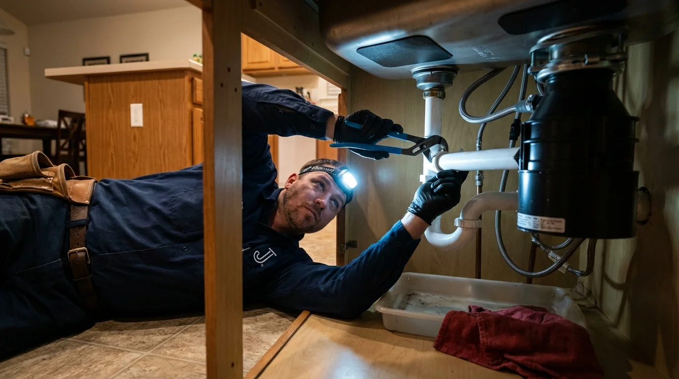 P-trap and supply line connections under a kitchen sink showing a common leak point in Lavon, TX